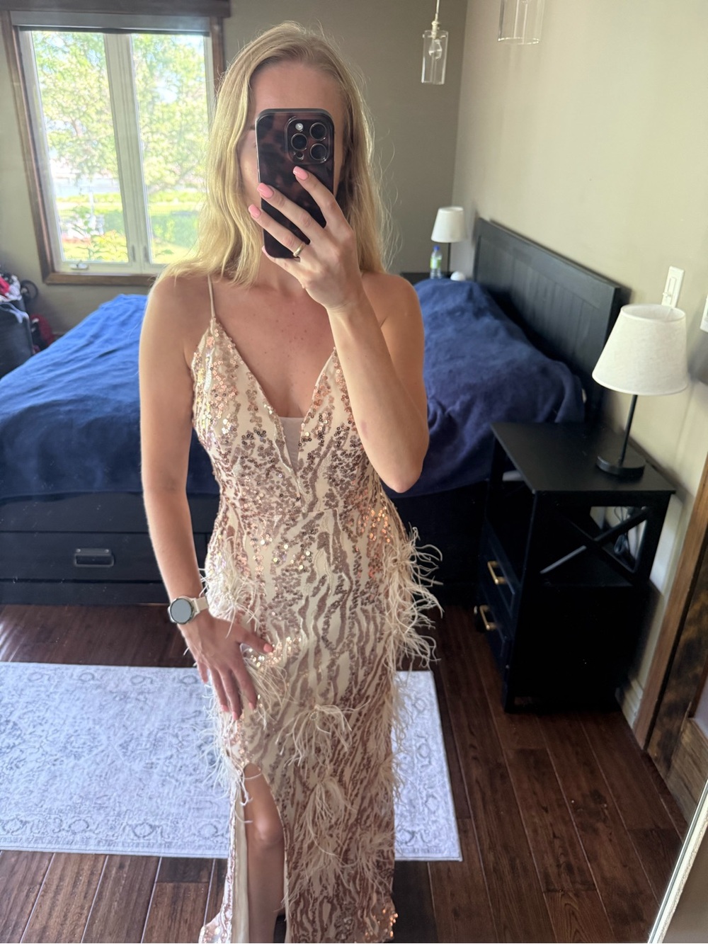 Sequin Feather Trim Slip Dress - Blush